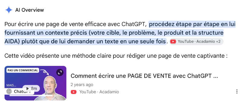 Exemple d’une citation Acadamio dans un aperçu IA de Google